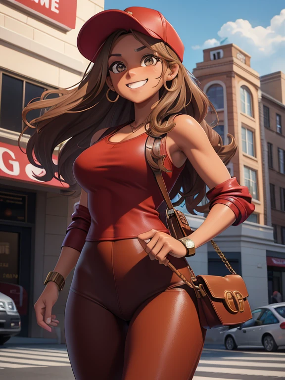 Draw a girl anime version light skin tone long brown hair , voluptuous,, Captain America sweatshirt and red thong underwear in the city of Paris, turned around showing her shaped buttocks
