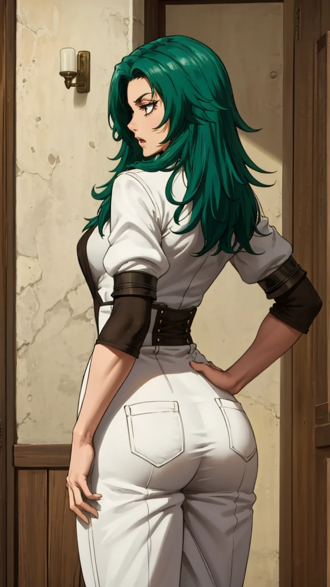 Code Geass, C.C, 1girl, (((bimbo))), long green hair, yellow eyes, ear rings, puffy lips, painted lips, thick lips, wide hips, thick thighs, small breast, huge ass, revealing cleavage, erotic, sexy face, bubble butt, camel toe butt, white suit, ass posing, looking back, legs posing, walking, 