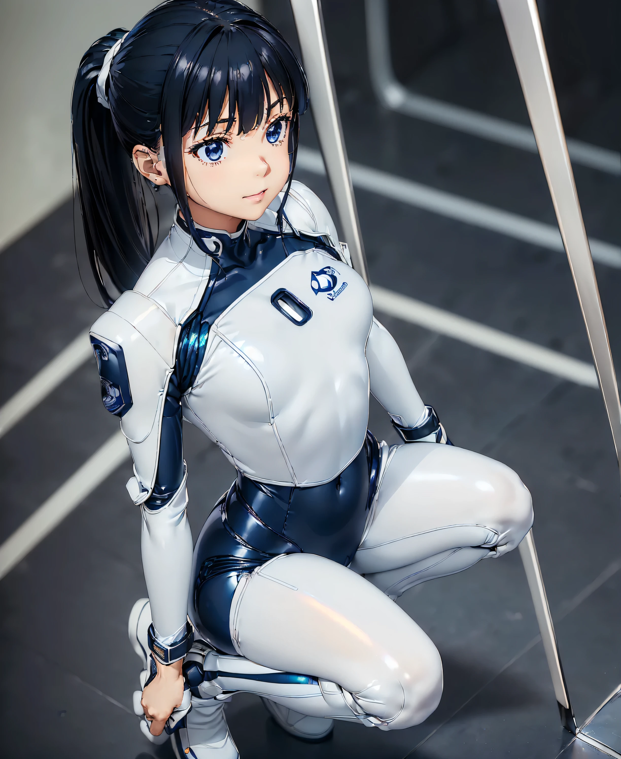((Holographic glow effect)),(masterpiece,Best Quality,Highest Resolution,Clear_image,Detailed details,The angle is from above): (solo,A girl alone,Japanese Faces,High knot ponytail,Dark blue hair girl,Small breasts,(Perfect body:1.4),Sparkling blue eyes,(White and navy blue pilot suit,White and navy blue zero suit,White and navy bodysuit,White and navy tight-fitting clothing,Wear full white and navy blue cover,White and navy thigh-covering pants,White and navy shoulder cover outfit,White and navy cropped jacket,White and navy shiny clothes,White and navy tight-fitting pants that hide the legs,Armor to hide the chest,Hide your shoulders),Very delicate and beautiful,Detailed Skin,Slim body,Exoskeleton,Cute,A gentle smile,Soft expression,heroine,White and navy blue long boots,Elbow-length gloves),Mirror-polished floor,inoue takina,cockpit,Mecha,mechanical body,Fantasy,ROMANCE,CIENTIFCA,TEEROR,COMICS,NFWS,hero,JK,Kneel
