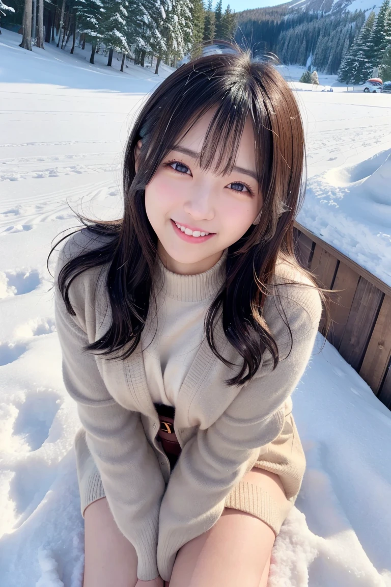 Best-quality, Masterpiece, Ultra-High-Resolution, (Photorealistic:1.4), Raw-Photo, 1girl, the most famous Japanese idol, having fun at heavy-snowy-mountain, wearing winter-clothes, extremely cute face like a most popular Japanese idol, ((extremely beautiful big-black-eyes)), extremely beautiful black-short-cut-haired, extremely beautiful long-eyelashes, extremely beautiful lips, extremely beautiful skins, extremely beautiful shoulders, innocent-smile, dynamic-pose
