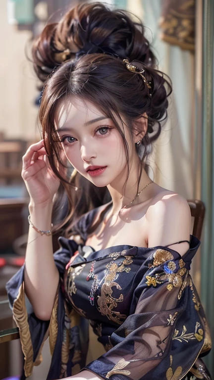 Da Qiao, from the "Romance of the Three Kingdoms" series, massive k-cups,she is wearing a light lavender silk robe with delicate floral patterns, looking both serene and captivating. Her hair is styled in an elaborate updo with jeweled hairpins