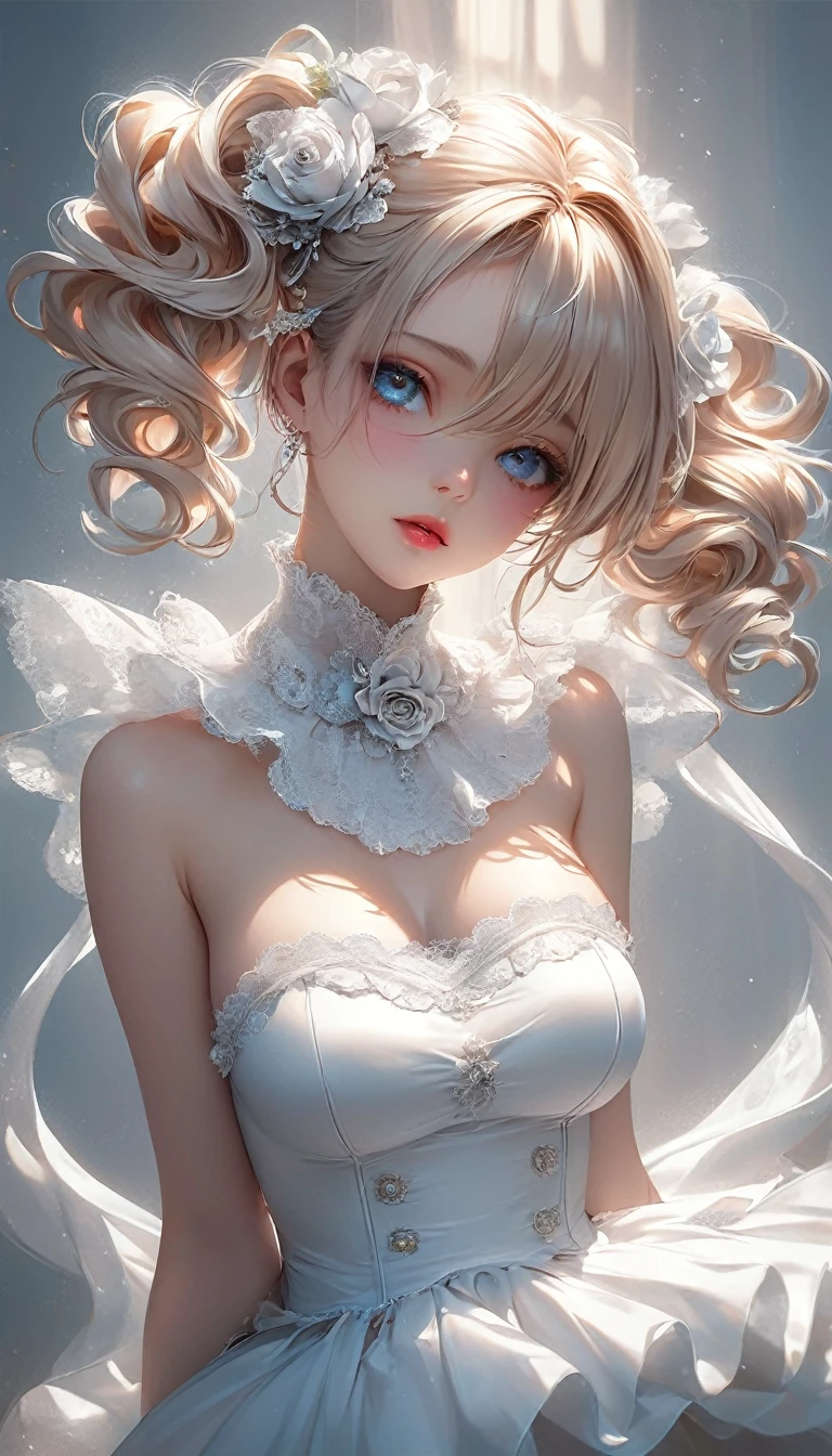 8k,Confused, High resolution, Very detailed, 1 girl, alone, Very beautiful eyes, Ultra-precise depiction, Artistic、Very detailed depiction, (Tangled:1.2), , (White high key background:1.5), (((Lace pattern 1.5))), High leg、 short hair、Earrings and Necklaces、Platinum Blonde Hair, (Glowing Skin), Many colors, , (Shooting from above:1.2),、Flat Body、slim、cute、、Round face、Cast a Shadow、、Smile 1.3