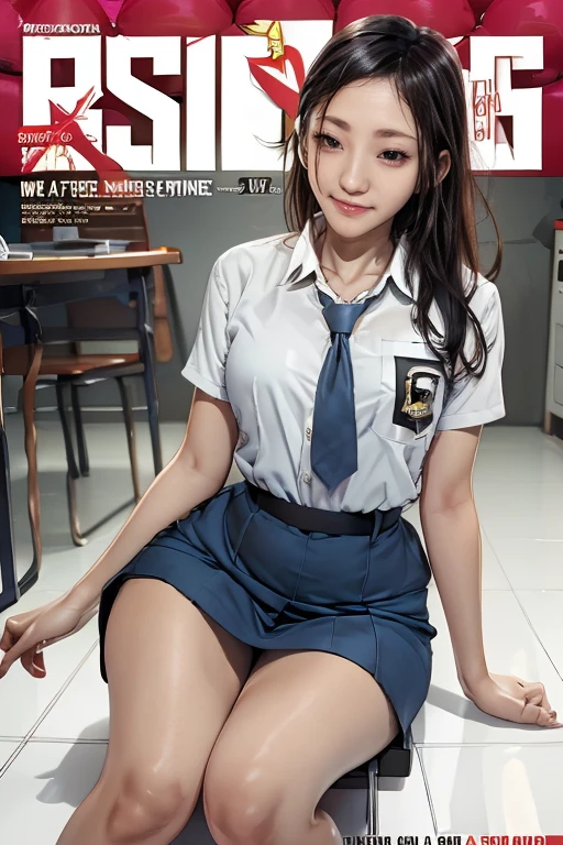 (((magazine's cover))), (large title), (many heading), (white border), clerk uniform, name plate, hold ID card from neck, having tablet, (whole body), straddling to hit her crotch on counter edge, open legs, raise leg, open mouth, closed eyes, masturbation,  ecstasy face, in the mall, customers, ceiling, floor,