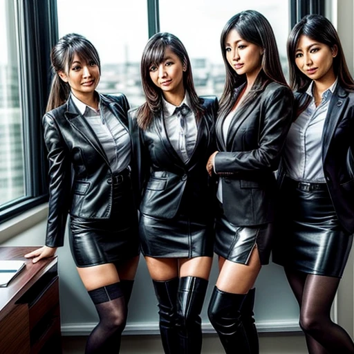 Group of sexy asian secretaries at office near window. Small jacket. mini skirt and nylon pantyhose. Over the knee leather boots.Piel texturizada, Muy detallado, Anatómicamente correcto.