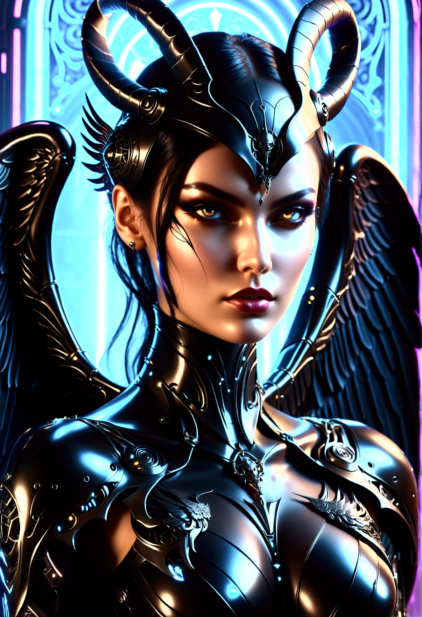 Relaistischer (DemonenAngel), Highly detailed, gorgeous face, atemberaubend, Heavy armor with gold embellishments,Schwarz Harre mit roten Streifen, [(8k resolution+CG:1.2)], [(Schatten:1.1+Beleuchtung:1.2)], [(volumetrisches Licht:1.2+bokeh:1.1)], [(Schwerter+wings)]