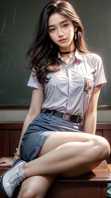 (photorealistic:1.4), (cowboy shot), movie poster 1girl, Best quality, masterpiece, ultra high res, raw photo, rim lighting, livingroom, dramatic scene, clean background, beatiful girl, 16 years old girl, little girl, (spread legs:0.7), short pony tail hair, sexy pose, (mathayom uniform:1.6), white shirt short sleeves, (name tags on shirt:1.1), (black pleated long skirt:1.1), black belt, (short white socks:1.1), black shoes, nsfw, (WindyUpskirt:1.2), (underpants, girl panties, girl underpants:1.3), <lora:mathayom22:0.8>, <lora:WindyUpskirt:0.5>, <lora:yuju:0.33>