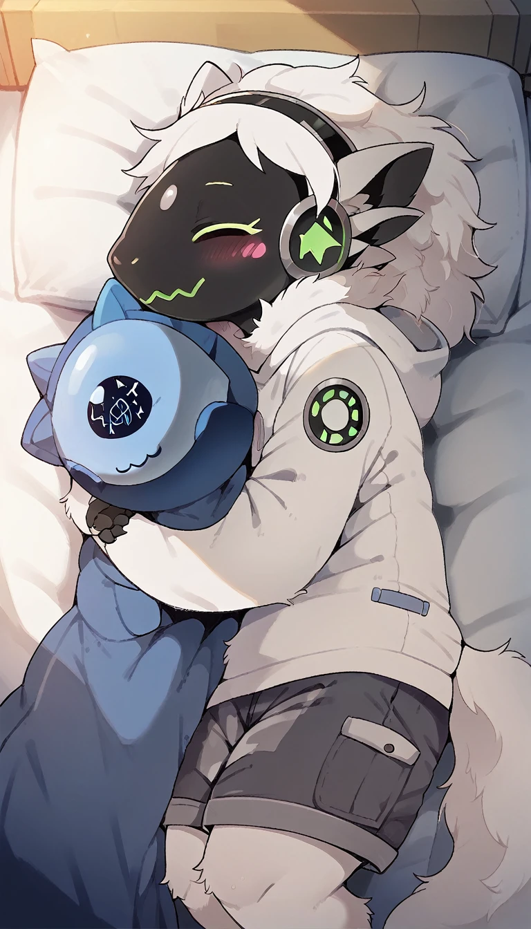 Protogène, (face protogen:1.1), (visor protogen:1.1), (chef-d&#39;artwork, best quality, 4K, High quality), two protogen, seulement, transpirer:1.5, body color:dark blue, face and eye color:cyan, neck fur color:white,  (Detailed face and eyes:1.0), huge breast:0.7, chubby:0.9, thick thighs:1.2, (((wearing a (Light pink bra)))), (((wearing a (pink thighs thong)))), (((no thighs high armor))), buldge, nipple buldge:1.2, (((lay on a bed))), (((cuddling on the bed))), Balance, detailed Balance, duvet, chest duvet, loin, camera in the distance, Wallpaper, tout le corps, pattes, haricots, toeharicots, showing haricots, shiny haricots