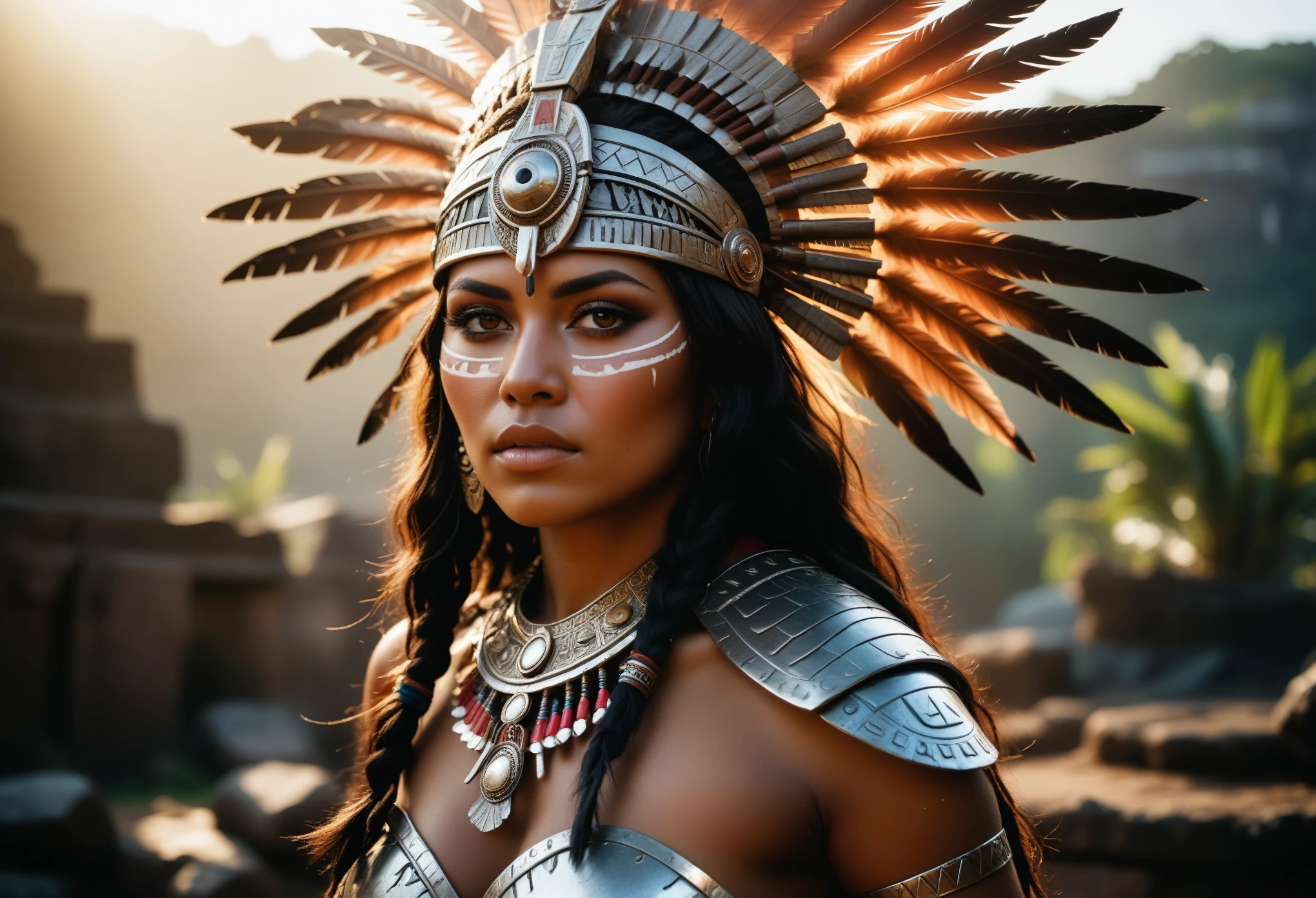 cinematic photography, nsfw, (full closeup portrait:1.2), (a warrior wearing an aztec headpiece, dark skinned voloptuouse body), big breasts, a ruin battlefield background ,sunshine rays, backlighting, (high resolution:1.2), intricate, (cinematic quality, extremely detailed:1.4), thick volumetric, soft neon glow, black fog, soft volumetric moonlight, realistic ambient shadows, phong radial backlighting, ray tracing, (best render:1.3), unreal engine, shallow focus, depth of field, (eye and lip highlights), (high constrast), (realistic skin textures), (realistic expression)