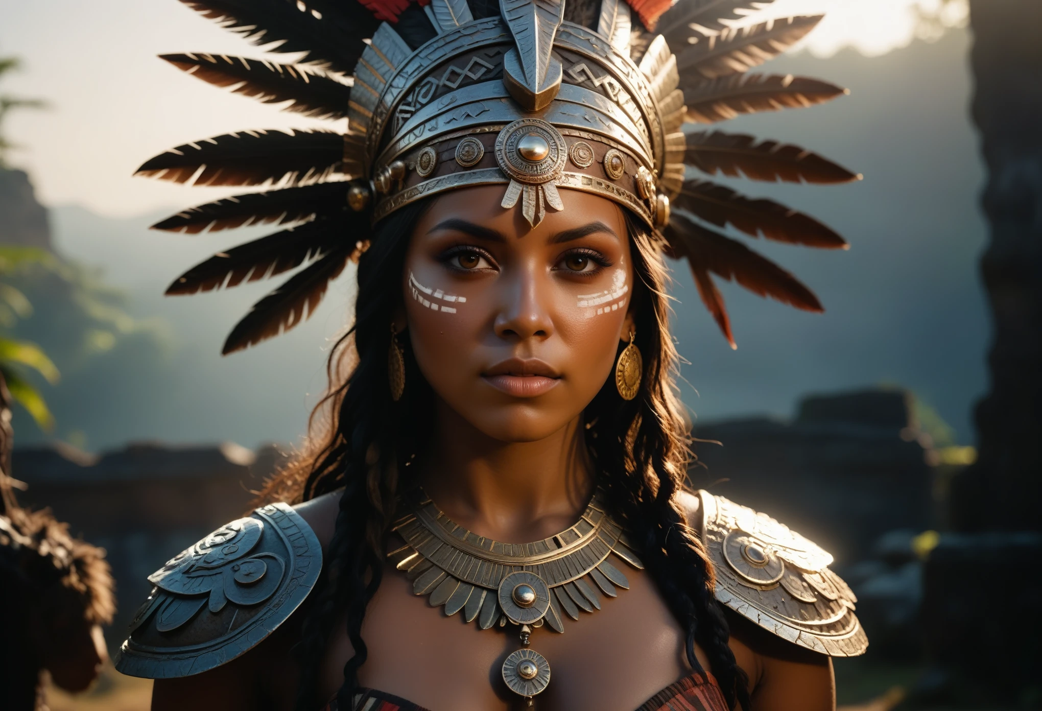 cinematic photography, nsfw, (full closeup portrait:1.2), (a warrior wearing an aztec headpiece, dark skinned voloptuouse body), big breasts, a ruin battlefield background ,sunshine rays, backlighting, (high resolution:1.2), intricate, (cinematic quality, extremely detailed:1.4), thick volumetric, soft neon glow, black fog, soft volumetric moonlight, realistic ambient shadows, phong radial backlighting, ray tracing, (best render:1.3), unreal engine, shallow focus, depth of field, (eye and lip highlights), (high constrast), (realistic skin textures), (realistic expression)