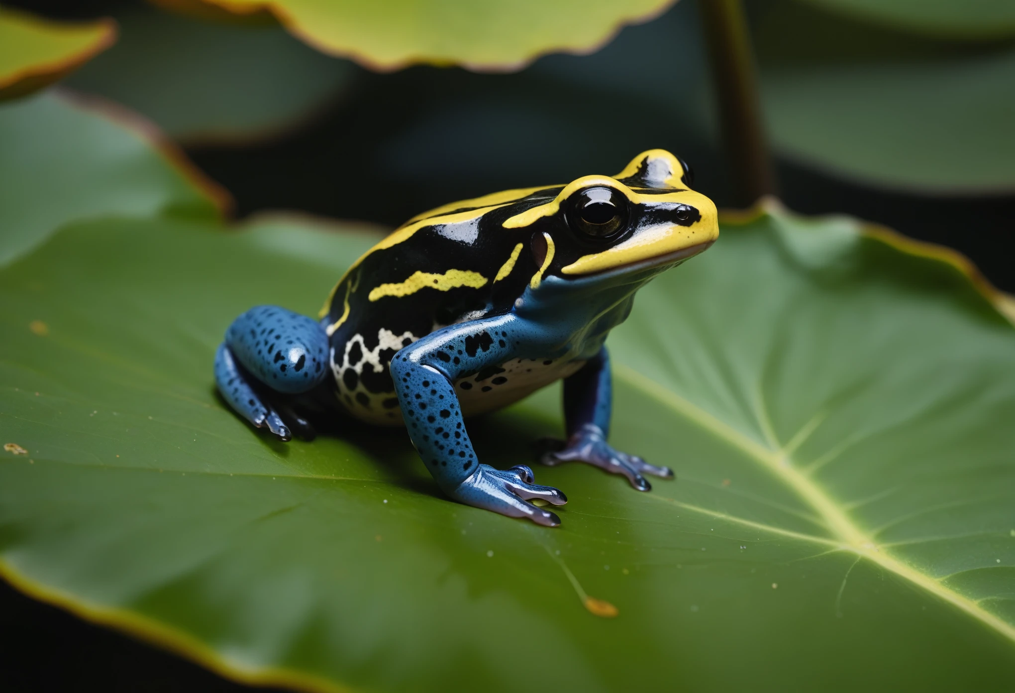 macro photography of a dart frog on a lotus leaf, lake background, (cinematic, high resolution), UHD, 8K animal photography shot with Olympus Tough TG-6 with Built-in 4.5-18mm f-2-4.9, minimalist render with highest details, nature, depth of field, (soft lighting), sharp shadow, documentary image