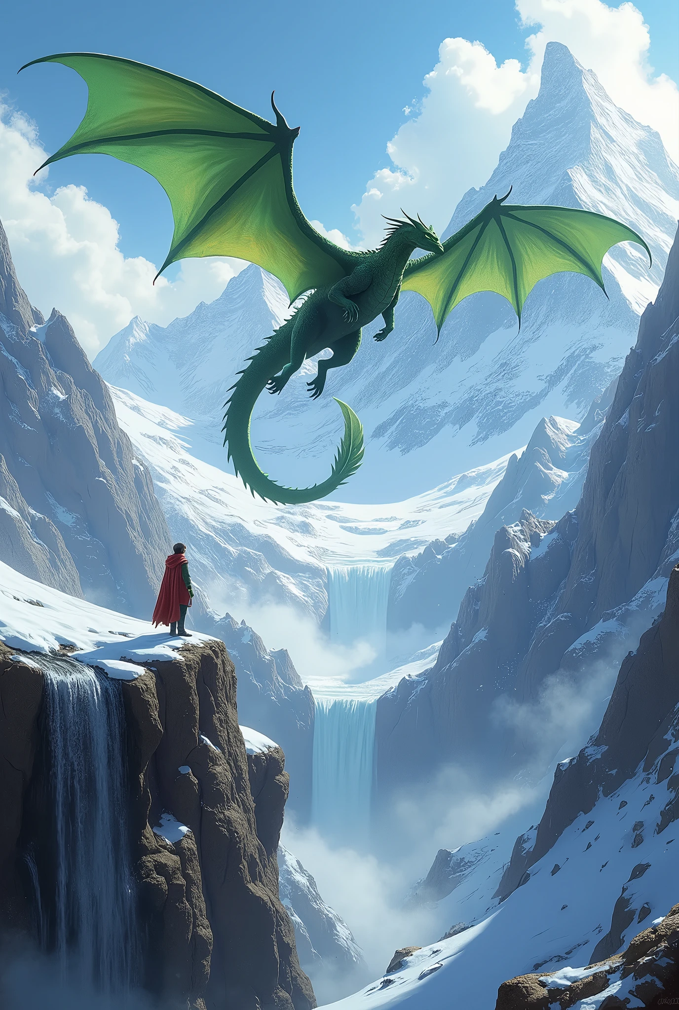 There is a man standing on a cliff with a dragon flying over him ...