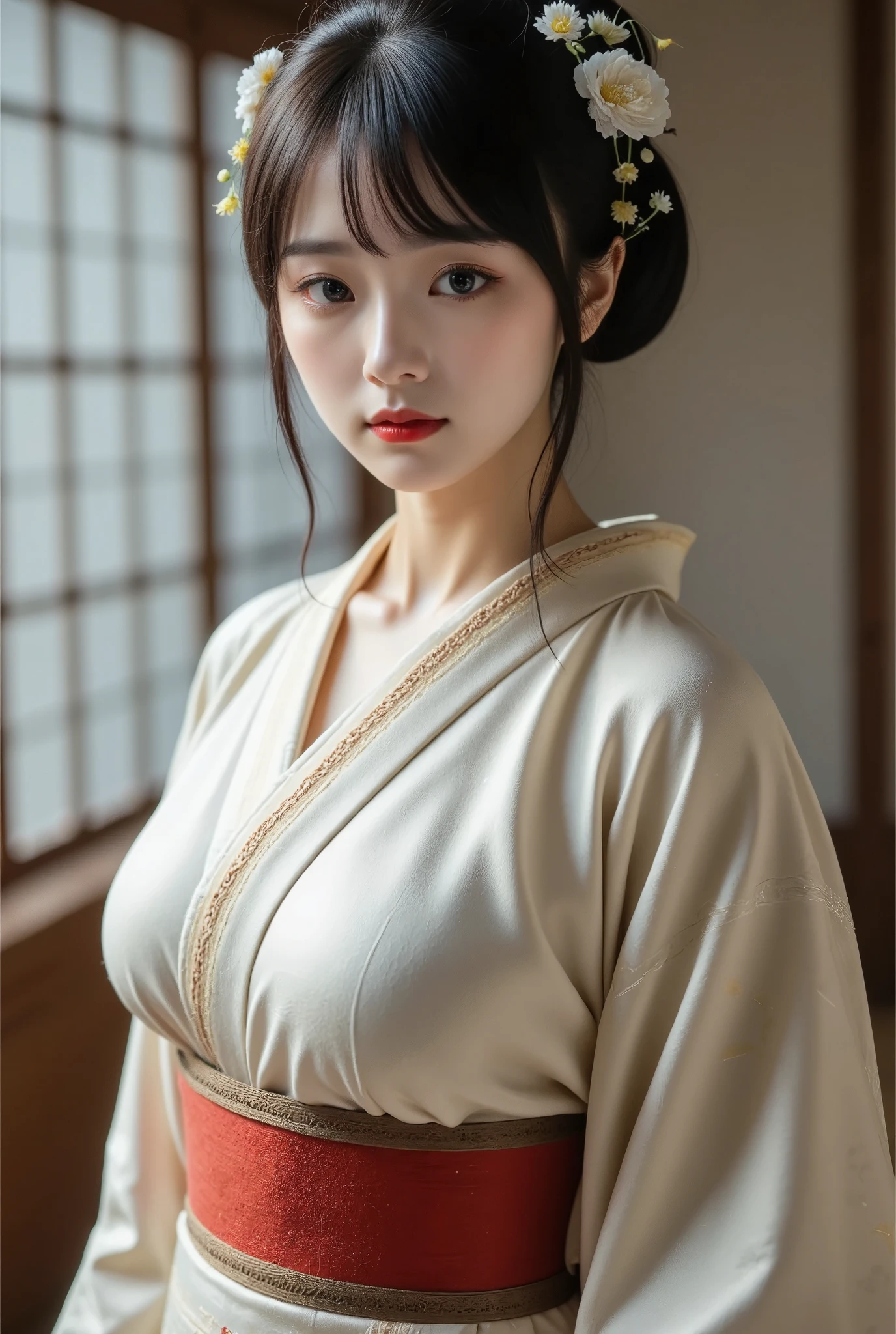 (film grain),Asian woman, geisha appearance, traditional Japanese hairstyle, kimono, red lipstick, white makeup, elegant, serene expression, floral hair accessories, dark hair, cultural attire, frontal view, blurred background, grid pattern, warm color tone, cinematic lighting, high-resolution photo, indoor setting, cultural representation.