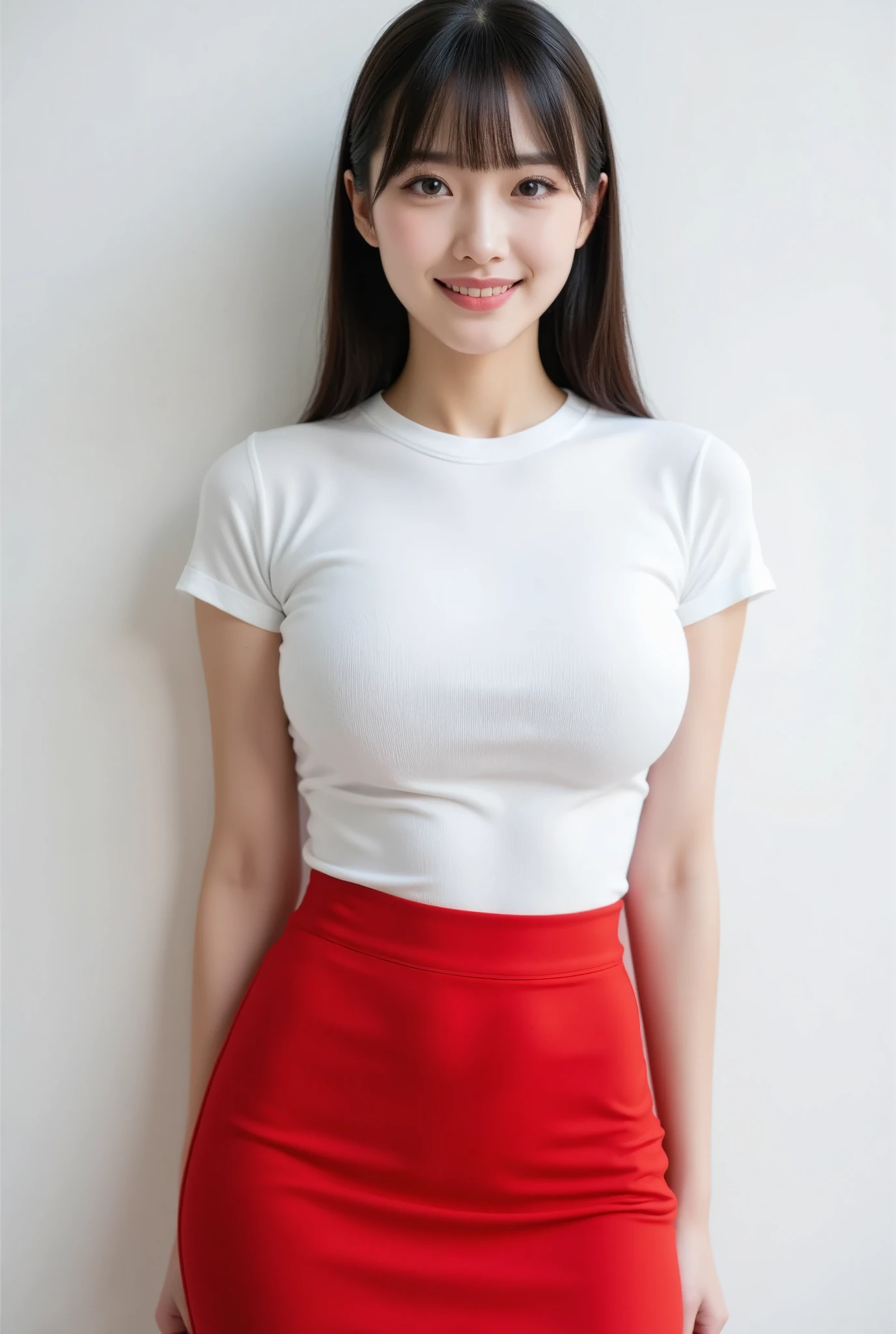 Chinese actress Yang Mi poses for photos in front of a white background wall, wearing a red skirt and a short sleeved t shirt with a high neck collar. She has delicate makeup on her face, a charming smile, bright eyes, and her hands hanging naturally at waist level. The expression is natural, and the full body photo is taken in natural light with soft tones and a high definition photography style, resulting in a full length portrait.