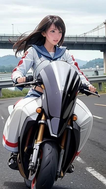 
On the road there is a woman in a sailor suit riding a silver 1500cc super large motorcycle.。.., (((Wheelie))) 1500cc super bike(katana)Racing across a large bridge。, . (This scene、It captures the speed and power of the scene...))), (((Dynamic and powerful composition))
