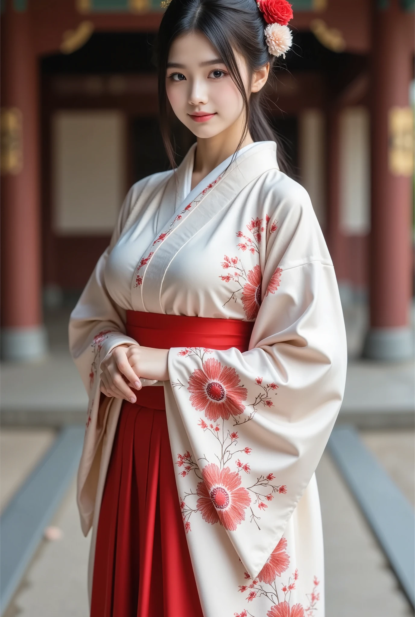 A beautiful Japanese woman wearing a red and white patterned hanfu, standing in front of a palace wall with her hands folded at chest level, displaying an adorable expression. The photo adopts a full-body portrait style, with clear details on the  fabric textures, symmetrical composition, natural lighting, soft tones, warm colors, and delicate patterns. 