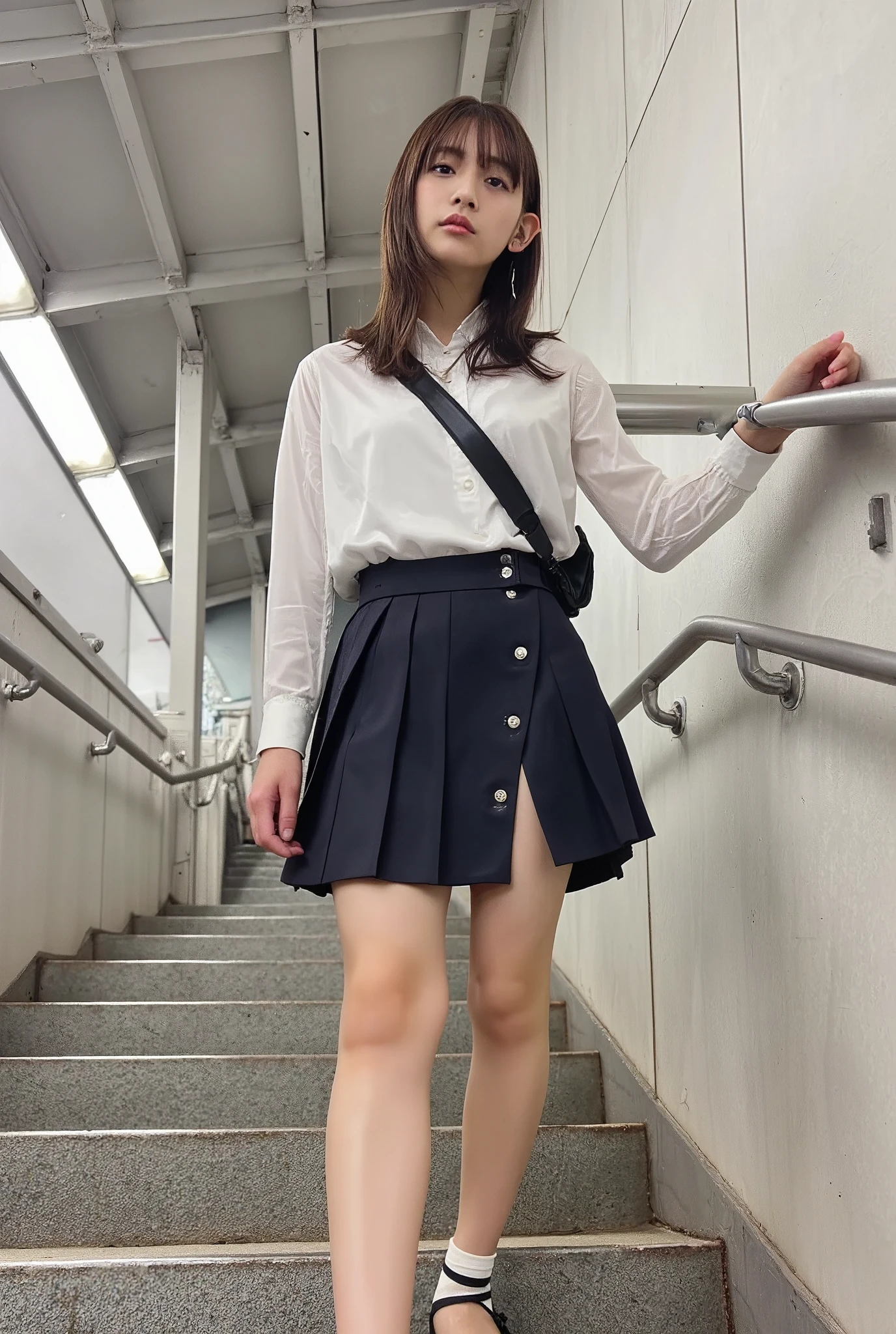 ((Low angle shooting、Masterpiece、masterpiece、32K、Every detail))、On the way down the stairs at the station、commute、(((Very tight summer clothes)))、(((A strong wind ruffles her hair and skirt:1.88)))、((Wear the shoulder bag strap across your body:1.95))、One Girl, (((mini skirt, No underwear:1.52、Big Breasts:1.65)))、Stylish sandals for bare feet