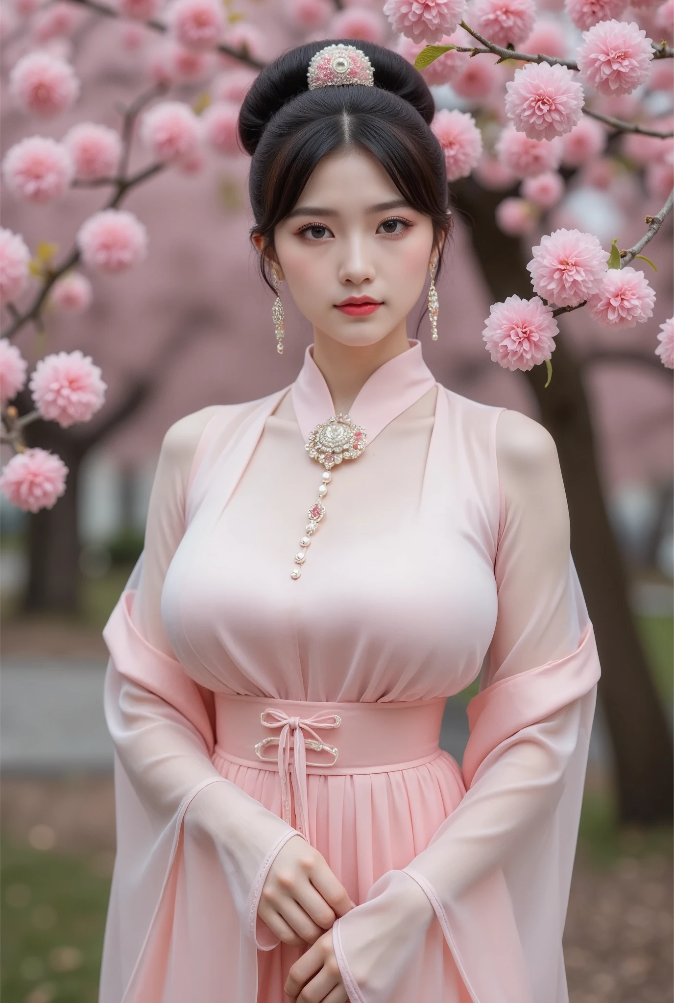 big breasts,A beautiful woman wearing ancient Chinese Hanfu, dressed in light pink  with flowers on her head and earrings, is posing for the camera. She has exquisite makeup and bright eyes. The background features blooming peach blossoms, and she stands tall against an elegant backdrop. Her full-body portrait showcases traditional-style photography. 