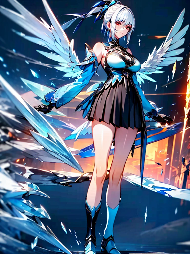 (((Full body photo)))  Female mecha，spread your two white wings，Shoulder armor，，Ice blue ponytail，Bare shoulders，Bare waist，Bare thighs，Armor pleated skirt，armored boots，looking from a distance，arms open，Planet background，4K resolution，huge sense of oppression，mechanical，fell from the sky，Technology and magic