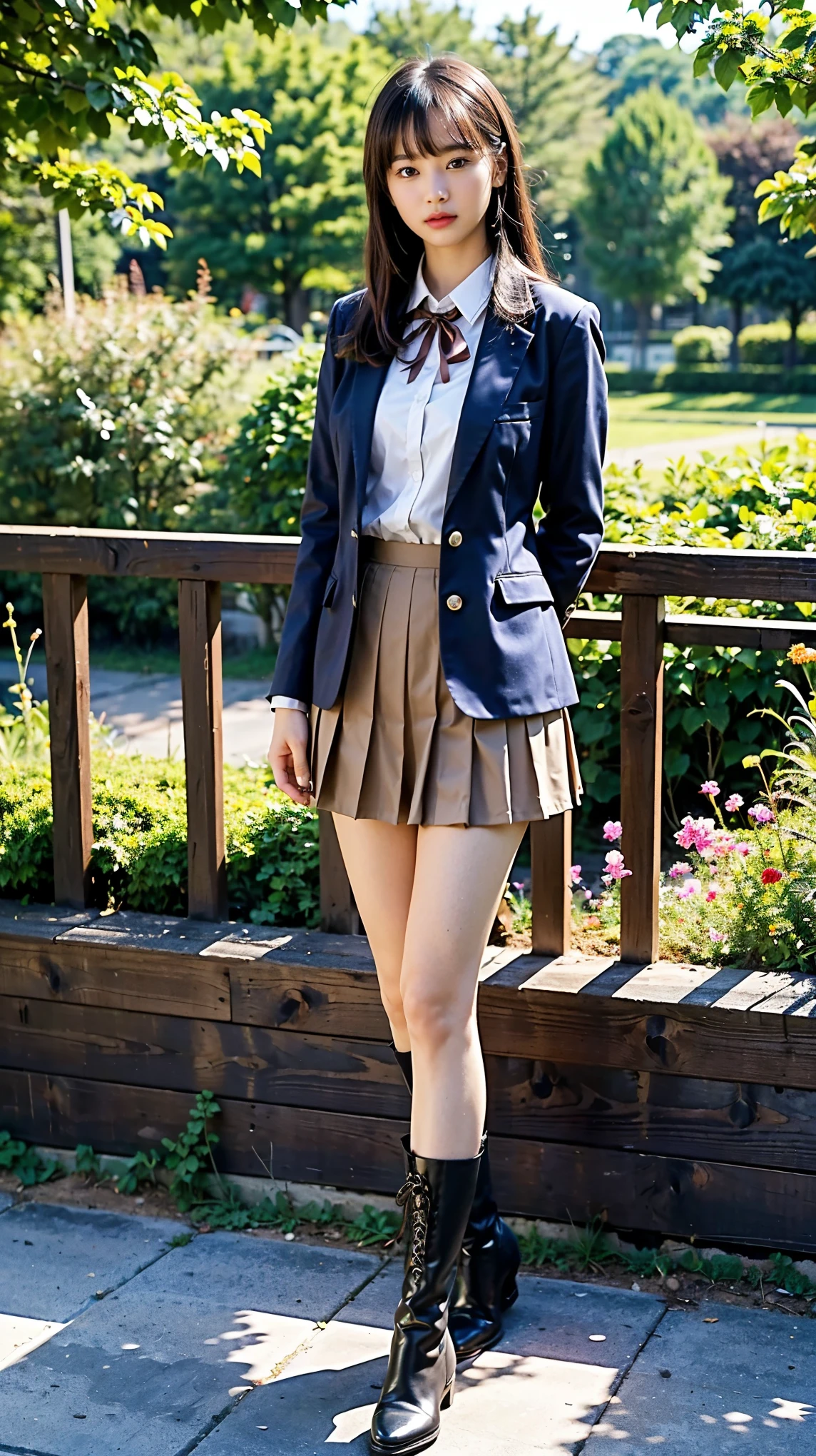 (8k、RAW Photos、Best Quality、masterpiece:1.2)、(Realistic、Realistic)、1 person、((Medium Hair、Brown school uniform、blazer、shirt、Chest Ribbon、Breast enlargement、Check skirt、Thin legs、boots、View、Looking into the camera、garden、))、cute、Nogizaka、