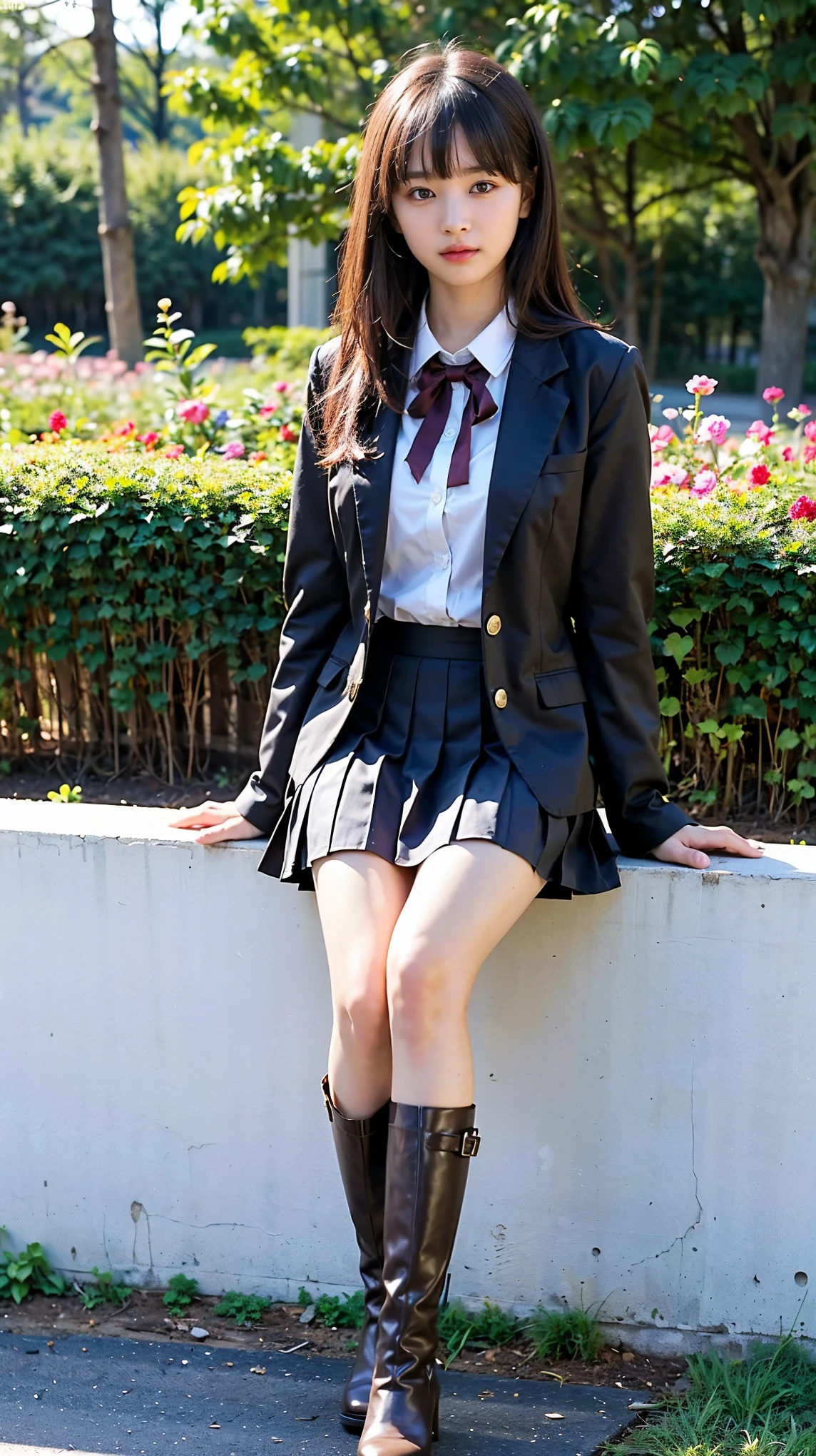 (8k、RAW Photos、Best Quality、masterpiece:1.2)、(Realistic、Realistic)、1 person、((Medium Hair、Brown school uniform、blazer、shirt、Chest Ribbon、Breast enlargement、Check skirt、Thin legs、boots、View、Looking into the camera、garden、))、cute、Nogizaka、