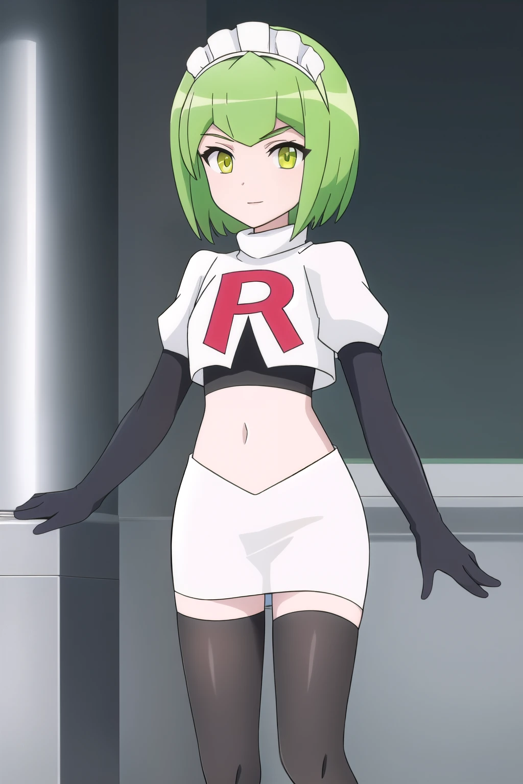 francesca, solo, looking_at_viewer, short_hair, bangs, green_eyes, yellow_eyes, green_hair, flat_chest, maid_headdress, robot, android, robot_ears, light_green_hair, team rocket,team rocket uniform,white skirt,red letter R,crop top,black thigh-highs,black elbow gloves