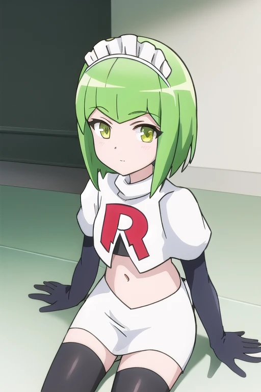 francesca, solo, looking_at_viewer, short_hair, bangs, green_eyes, yellow_eyes, green_hair, flat_chest, maid_headdress, robot, android, robot_ears, light_green_hair, team rocket,team rocket uniform,white skirt,red letter R,crop top,black thigh-highs,black elbow gloves