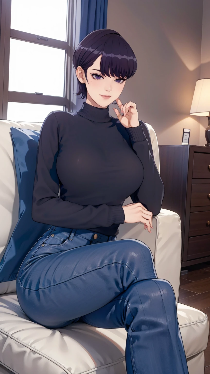 1girl, alone, komi shuuko, short hair, dark purple hair, with parting on the left side of the head, dark purple eyes, smiling, seductive, makeup, light pink lipstick, black sweater, tight long sleeve sweater, cleavage, blue jeans , tight jeans, black heels, big breasts, medium waist, medium hips, medium thighs, living room, sitting on sofa, legs crossed, night, open window, good lighting, excellent hands, excellent anatomy,