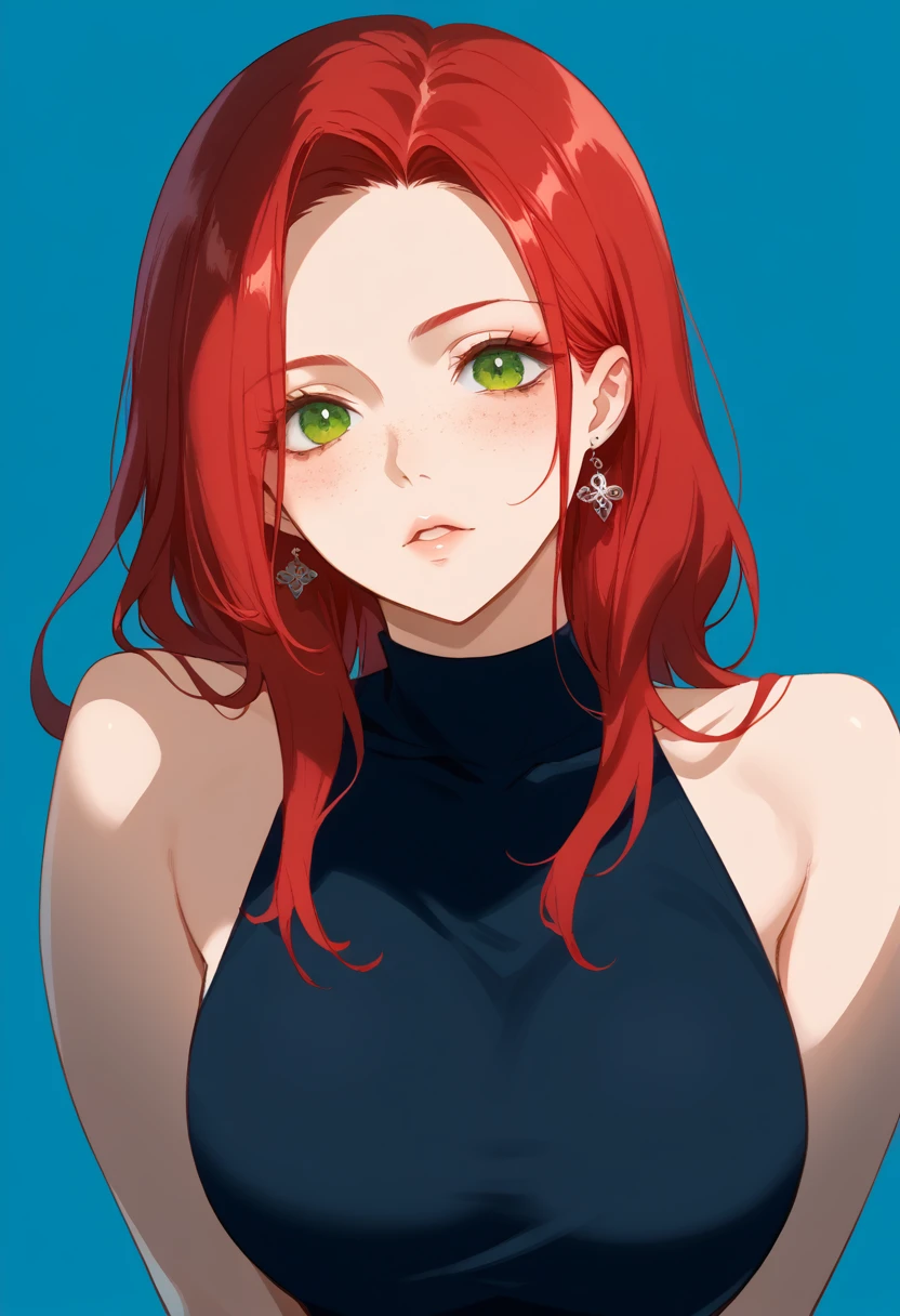 there is a drawing of a woman with red hair and a blue background, a character portrait inspired by Rei Kamoi, deviantart contest winner, digital art, red hair girl, she has red hair, red haired girl, with red hair and green eyes, with red hair, red head, crimson red hair and red eyes, red hair and freckles, halfbody portrait