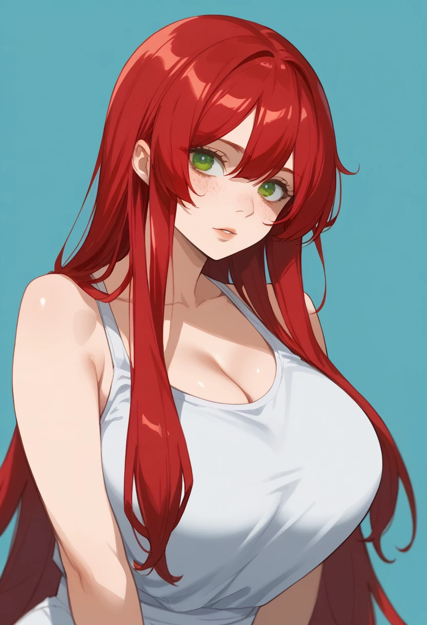 there is a drawing of a woman with red hair and a blue background, a character portrait inspired by Rei Kamoi, deviantart contest winner, digital art, red hair girl, she has red hair, red haired girl, with red hair and green eyes, with red hair, red head, crimson red hair and red eyes, red hair and freckles, halfbody portrait