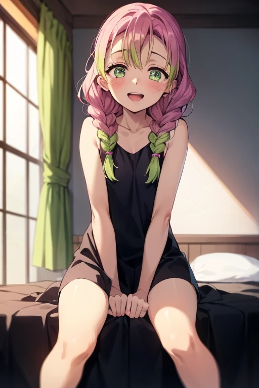 ((Best Quality)), ((masterpiece)), (be familiar with), Perfect Face, indoor, bedroom, Watching the audience,
One woman, Kanroji Mitsuri,
Open Mouth, Ecstatic expression, blush, smile,
Small breasts, Flat Chest, , , , Girl,
Long Hair, Braids,
Leg spread,