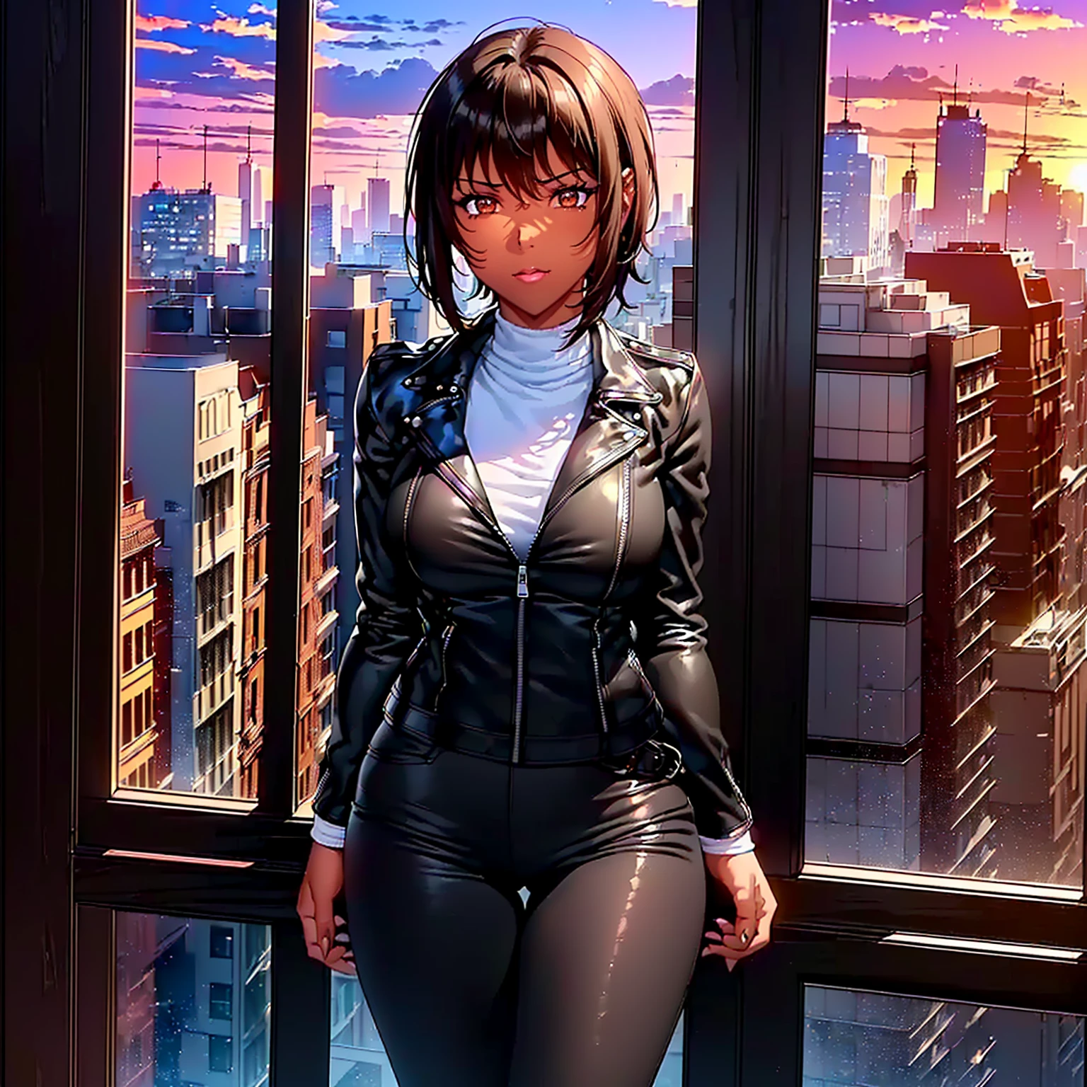 ((1girl, solo ,alone, (ShioriNishimura, dark skin, brown hair, short hair, makeup, (brown eyes), dark-skinned female), , elegant, delicate, reflection, shine, sophisticated, looking at the viewer, feathers)), ((solo, 1woman, pink lipstick, Extremely detailed, ambient soft lighting, 4k, perfect eyes, a perfect face, perfect lighting, a 1girl)), austere , ((fitness,, shapely body, athletic body, toned body)), (( biker woman, rocker woman, punk woman, black jacket, leather jacket, black pants, leather pants, , city, sunset, buildings, sunny day, smug, smug , window ))