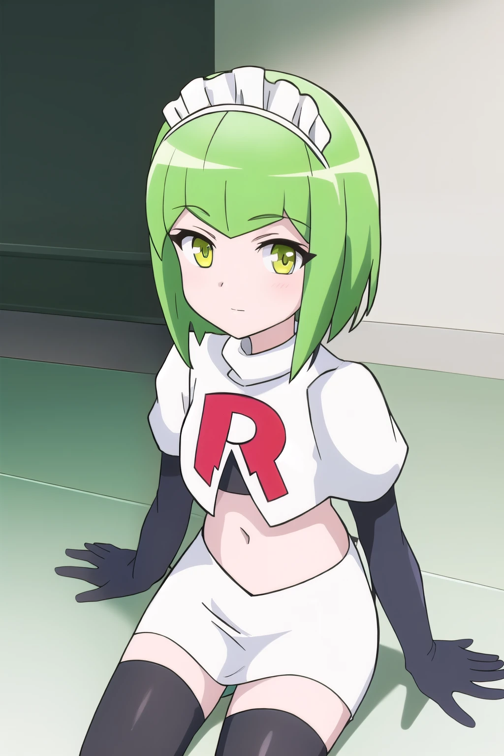 masterpiece,best quality,high res,high quality,fujibayshi suzu,8k, masterpiece,highres, team rocket uniform, red letter r, white skirt,white crop top,black thigh-high boots, black elbow gloves, glaring angrily, looking down at viewer, hands on hips, cowboy shot, zettai ryouiki,spread legs,from below, black panties,anime style, vivid colors, sharp focus, intense lighting,