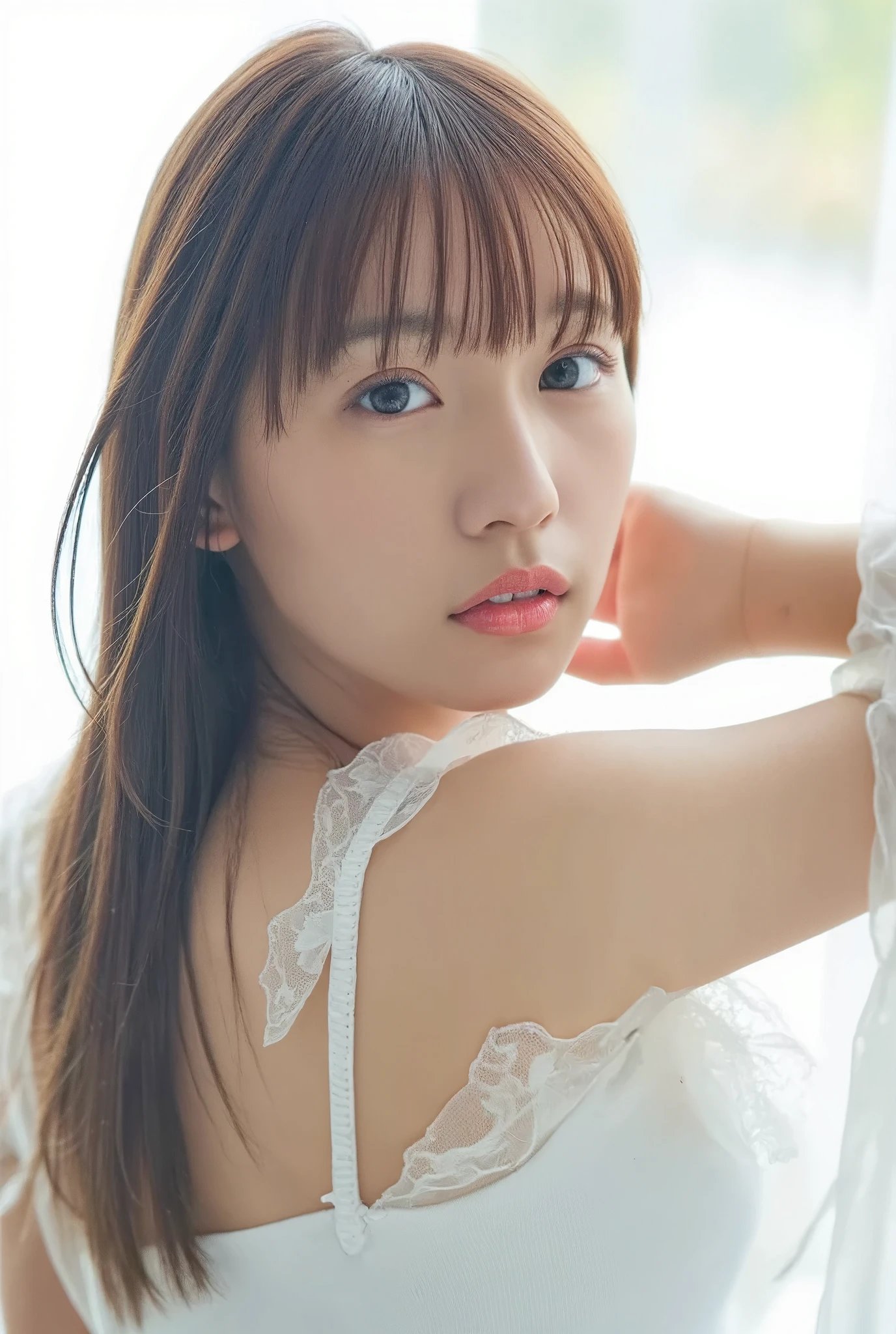 Highest quality, High Quality, 32K, Masterpiece, masterpiece, Realistic, Very detailed, photograph, High resolution, ((Latest Instagram poses, Cute poses and hairstyles that Japanese men really like.)), Smoother light, official art, Written boundary depth, Bright light, close, Detailed face, Beautiful details in the eyes, real texture skin, Only a see-through camisole:2.5,