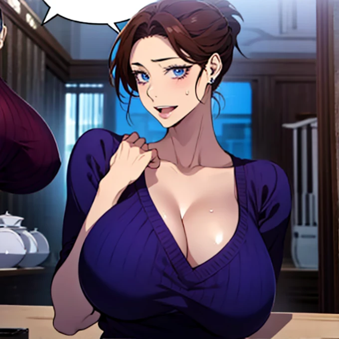 anime women with huge massive breasts and a huge blue anime woman with huge breasts and a purple dress, 1girl, breasts, sweat, cleavage, huge breasts, short hair, jewelry, blue eyes, open mouth, earrings, sweater, looking at viewer, smile