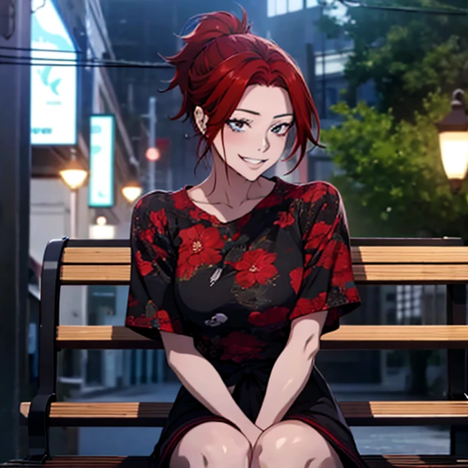 Arafed woman with red hair and piercings sitting on a bench, 4k anime style, [[[[grinning evily]]], anime badass 8 k, evil smile, crazy smile, anime wallpaper 4k, anime wallpaper 4k, anime art wallpaper 4k, anime art wallpaper 4k, detailed digital anime art, grinning lasciviously