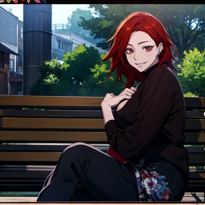 Arafed woman with red hair and piercings sitting on a bench, 4k anime style, [[[[grinning evily]]], anime badass 8 k, evil smile, crazy smile, anime wallpaper 4k, anime wallpaper 4k, anime art wallpaper 4k, anime art wallpaper 4k, detailed digital anime art, grinning lasciviously