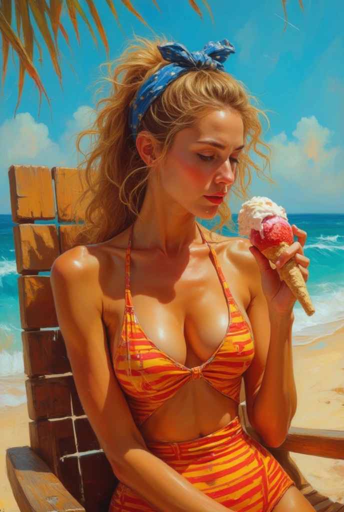 On a hot day on the beach on a deck-chair in old wood Tatiana bites a cold and tasty strawberry ice cream and cream that with the heat of her lips melts dripping on her high and firm breasts. Tatiana is wearing a very tight, tight and very scoop yellow and red striped one-piece costume. Her long, fluffy hair is gathered in a blue bandana. 