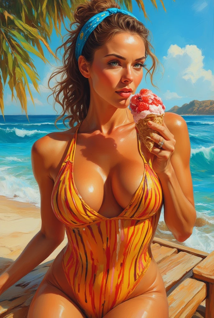 On a hot day on the beach on a deck-chair in old wood Tatiana bites a cold and tasty strawberry ice cream and cream that with the heat of her lips melts dripping on her high and firm breasts. Tatiana is wearing a very tight, tight and very scoop yellow and red striped one-piece costume. Her long, fluffy hair is gathered in a blue bandana. 