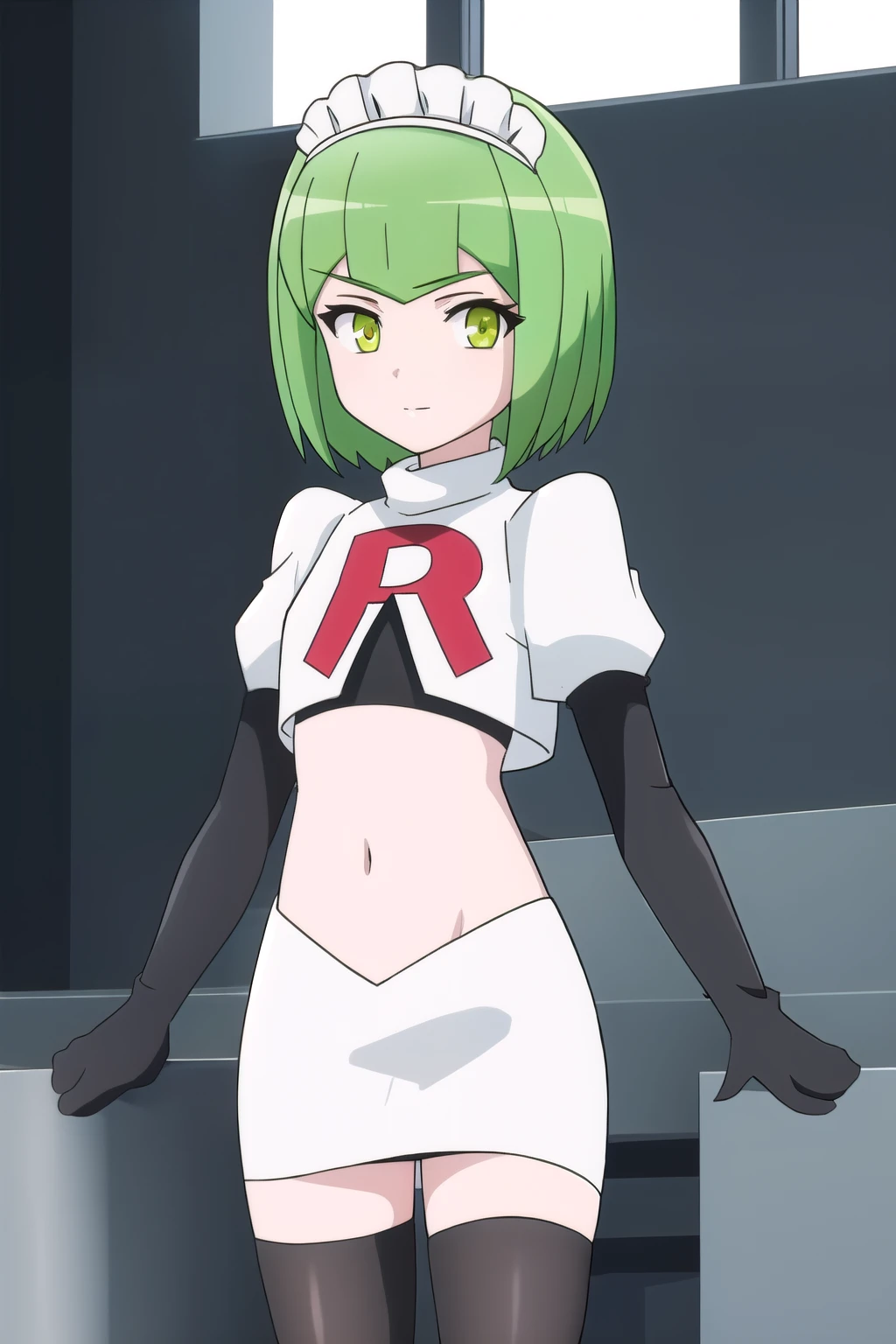 francesca, solo, looking_at_viewer, short_hair, bangs, green_eyes, yellow_eyes, green_hair, flat_chest, maid_headdress, robot, android, robot_ears, light_green_hair, team rocket,team rocket uniform,white skirt,red letter R,crop top,black thigh-highs,black elbow gloves