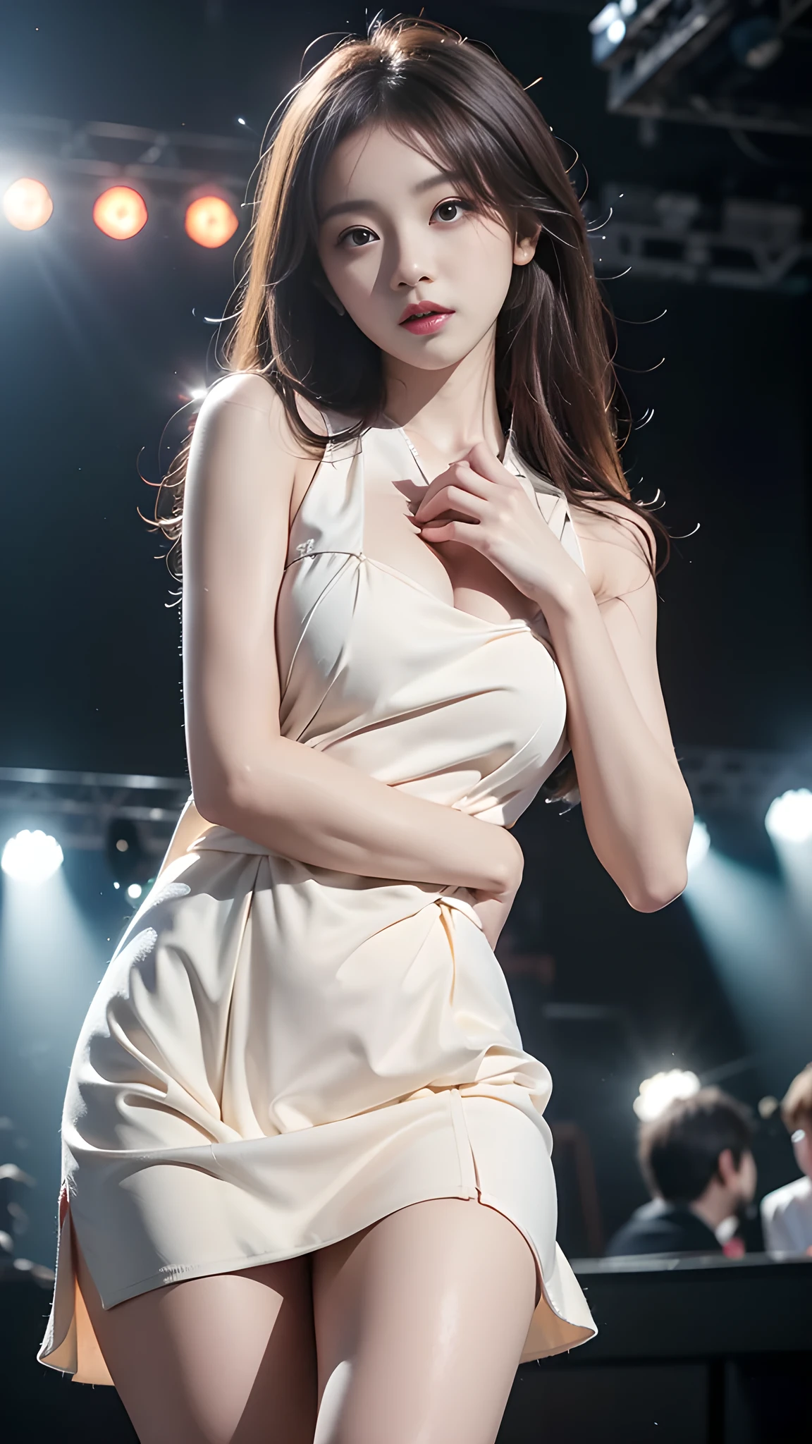 ((Top Quality, 8K, Masterpiece: 1.3)), Focus: 1.2, Perfect Body Beauty: 1.4, Ass: 1.2, ((Chest: 1.2)), (Wet Clothes: 1.1), Idol Singing on Stage: 1.3, Bando Dress: 1.1, Highly Detailed Face and Skin Texture, Delicate Eyes, Double Eyelids, Whitened Skin, Big: 1.3, Smile