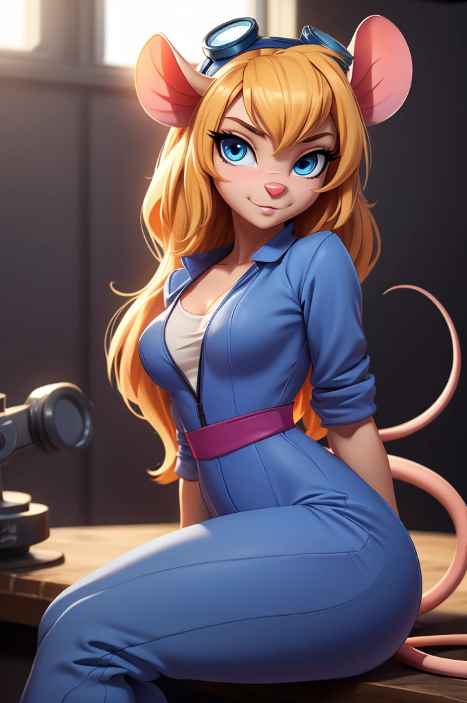 ((ultra quality)), ((tmasterpiece)), Nut, anthropomorphic mouse girl, Furry, ((blonde woman, hairlong)), Beautiful cute face, beautiful female lips, charming beauty, ((Kind expression on his face)), seductively looking at the camera, slightly closed eyes, ((Skin color: white)), Body glare, ((there is a mouse tail in the back)), ((detailed beautiful female eyes)), ((big blue eyes)), beautiful female hands, ((perfect female figure)), ideal female body shapes, Beautiful waist, nice feet, big thighs, Beautiful butt, ((Subtle and beautiful)), sits seductively on the table, ((dark blue jumpsuit, with sexy neckline, welding goggles on head)) background: workshop, ((Depth of field)), ((high quality clear image)), ((crisp details)), ((higly detailed)), Realistic, Professional Photo Session, ((Clear Focus)), ((cartoon)), the anime, NSFW