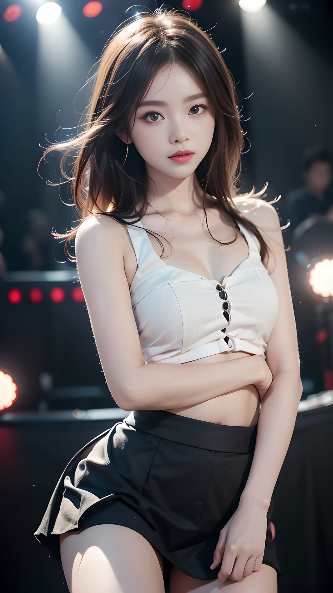 ulzzang-6500-v1.1, (RAW photo: 1.2), (Real photo), (Real photo: 1.4), 1 girl、Perfect anatomy、1、Looking at the camera、Medium length hair、dance skirt, ((performing on stage: 1.1))、(Business service)、Asian eyes Ella,