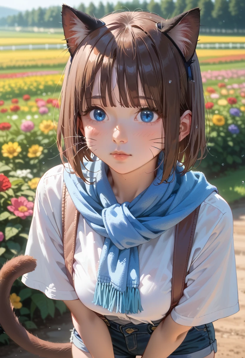 Best Quality、4K、Ultra HD、Young girl、Brown Skin、Cat ears and tail、Three red cat whiskers on cheek、Blue Eyes、With your arms wide open, Dark brown hair、A single blue feather hair ornament、Straight Short Hair, White shirt with blue scarf、And brown suspenders, Denim shorts, Standing pose, Colorful flower fields and trees々、And in the light rain、Enjoying the outdoor environment, Natural light and soft shadows, Bright and relaxed atmosphere, Deep depth of field from the front、

information
