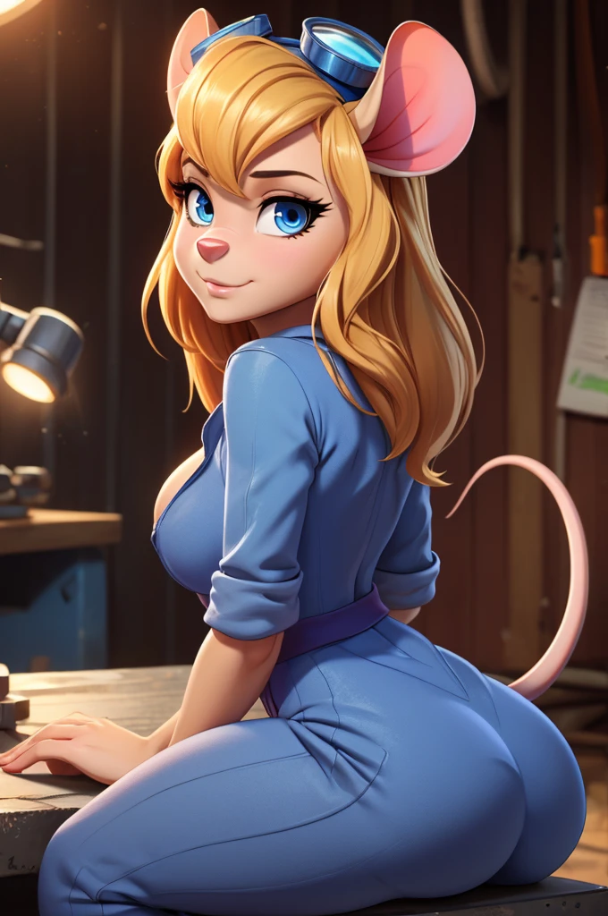 ((ultra quality)), ((tmasterpiece)), Nut, anthropomorphic mouse girl, Furry, ((blonde woman, hairlong)), Beautiful cute face, beautiful female lips, charming beauty, ((Kind expression on his face)), seductively looking at the camera, slightly closed eyes, ((Skin color: white)), Body glare, ((there is a mouse tail in the back)), ((detailed beautiful female eyes)), ((big blue eyes)), beautiful female hands, ((perfect female figure)), ideal female body shapes, Beautiful waist, nice feet, big thighs, Beautiful butt, ((Subtle and beautiful)), sits seductively on the table, ((dark blue jumpsuit, with sexy neckline, welding goggles on head)) background: workshop, ((Depth of field)), ((high quality clear image)), ((crisp details)), ((higly detailed)), Realistic, Professional Photo Session, ((Clear Focus)), ((cartoon)), the anime, NSFW