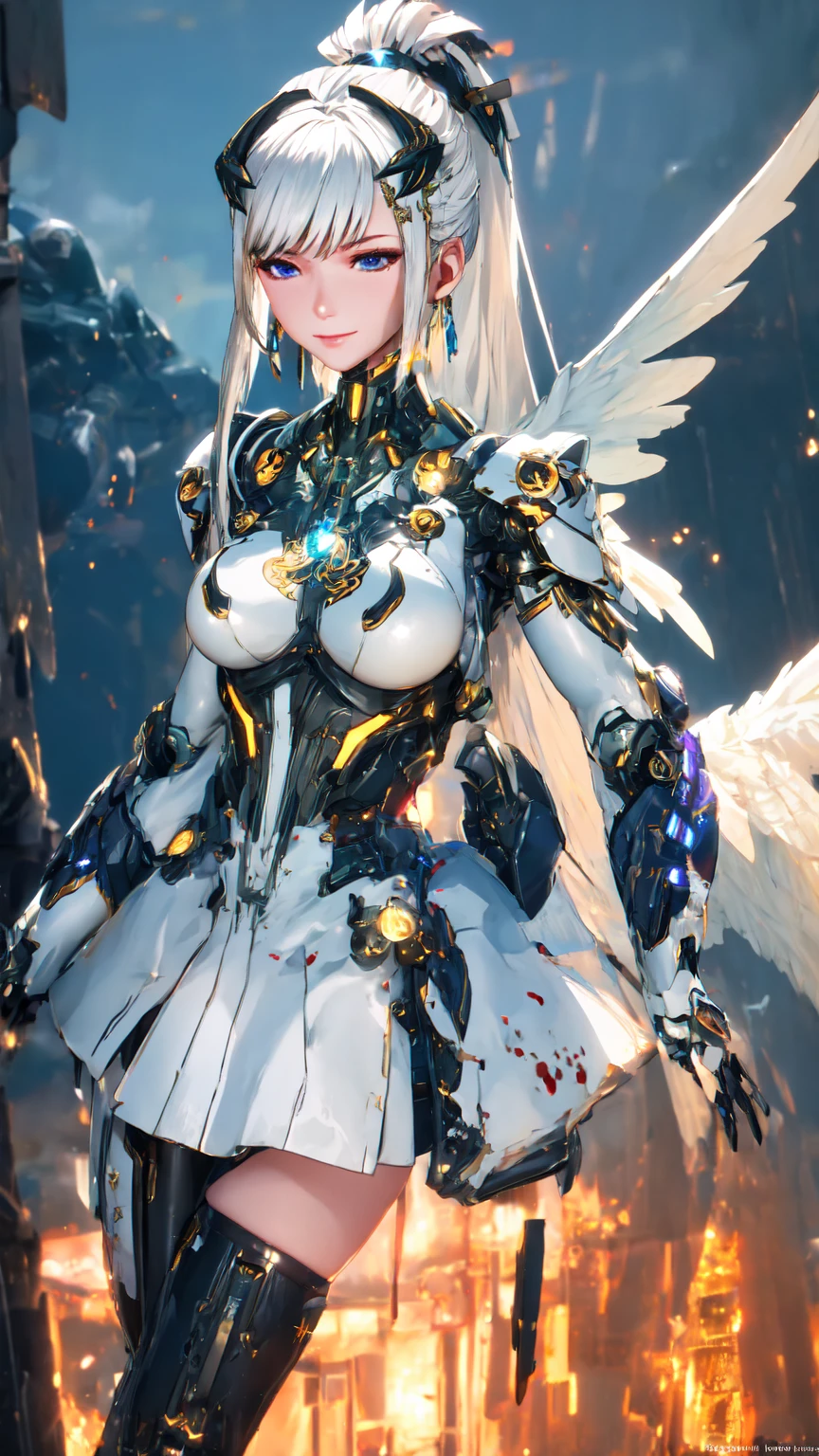 1. A female angel in an anime style, Mecha miniskirt 2D, dynamic poses, sitting, bridge, best quality, masterpiece, detailed, center image, 1 female, robot angel, partially mechanized, half of the face is robotic, angel wings are also mechanized, masterpiece:1.618, 1girl, daily clothes, ponytail, white hair, purple eye, magic circle, blue flame, wallpaper, landscape, blood, blood spatter, depth of field, night, light particles, light, side light, thigh, destiny series, Genshin Impact, open jacket, skirt, stockings, cloud

2. Beautiful girl in cyberpunk style, dark future city, neon lights, luminous technology, holographic display, floating car, complex machinery, rainy day atmosphere, dramatic lighting, film composition, high degree details, lifelike, best quality, 4k, 8k, high resolution, masterpiece:1.2, super detailed, realistic, photo realistic:1.618, bright colors, dramatic lighting, intricate details, dynamic poses, atmospheric atmosphere

3. Masterpiece, the best, exquisite details, valkyrie, cute, happiness, smile, villain's smile, raise your hand, looking at the audience, feather headdress, garden farm, flat chest, a girl, lonely, portrait, white hair, droop, ice blue eyes, silver thigh, white independent shoulder, ice blue gloves, ponytail braid, girl in armor, white tights silver enhanced suit, mini wings, silver tights, full nail, floral decoration, wide angle, high, meteorite, milky way