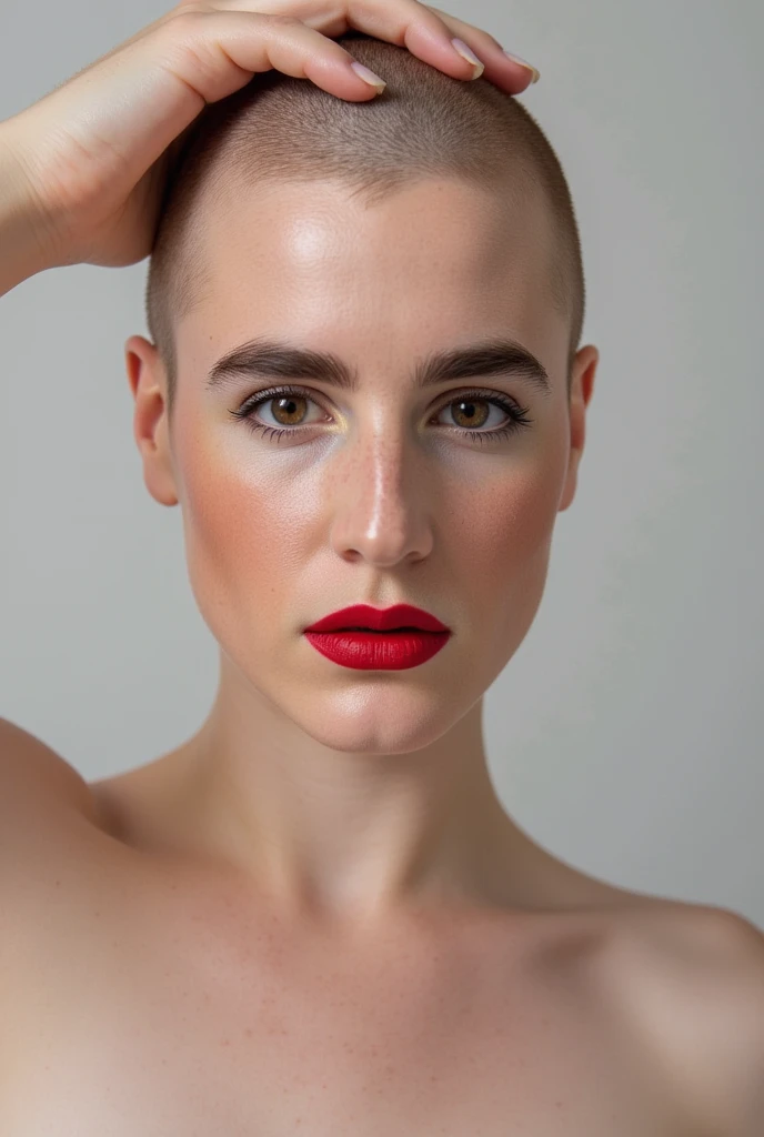 Beautiful woman using hair clippers to shave her head bald, (3 separate photos each at a different stages of shaving her head bald and each with her looking at the viewer ((first image = (very long hair), ((second image = (top and side of head are bald), and ((third image = (clean shaven bald head))))
