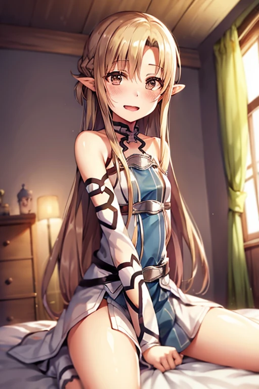 ((Best Quality)), ((masterpiece)), (be familiar with), Perfect Face, indoor, bedroom, Watching the audience,
One woman, Yuuki Asuna,
Open Mouth, Ecstatic expression, blush, smile,
Small breasts, Flat Chest, , , child, Girl,
Long Hair, Long Hair,
Leg spread,