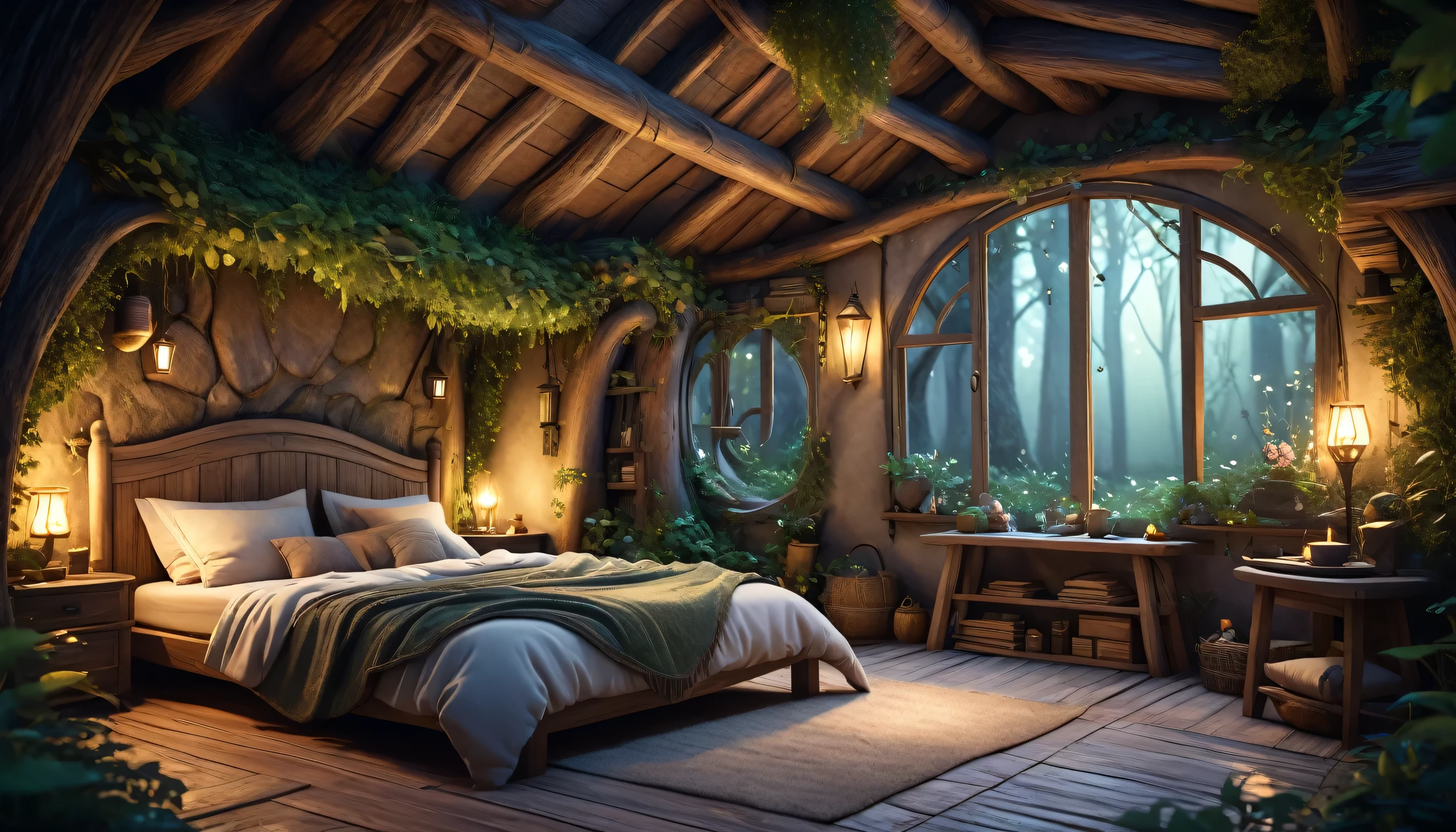 Deep in the forest at midnight, Fairy house bedroom, Rustic furniture, Soft indirect lighting, Beds with earth-toned pillows and blankets, A pleasant and enchanting scene, Beautiful rendering of a fairy tale, Magical Environment, Relaxing concept art, Cozy place, The Art of Realistic Fantasy Rendering, Magical fantasy forest, Magical realism style, Background artwork, Dreamy details, Cozy and calm atmosphere, 8k high quality detailed art, Fantasy style 8k octane rendering, Cozy environment