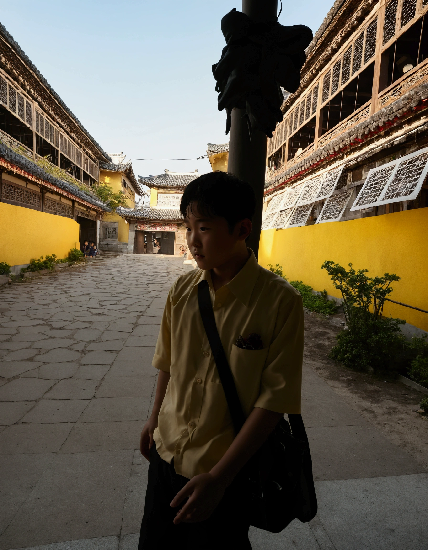 Rural Chinese teenagers,Full body view。Lens sensing,Determination、adolable,The Chinese teenager was playing in the graveyard,His hair is dark,There is a flaky cemetery。8K quality,Landscape Photography,Gangnam Junior