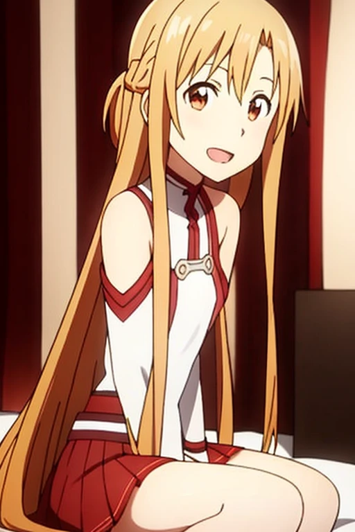 ((Best Quality)), ((masterpiece)), (be familiar with), Perfect Face, indoor, bedroom, Watching the audience,
One woman, Yuuki Asuna,
Open Mouth, Ecstatic expression, blush, smile,
Small breasts, Flat Chest, , , child, Girl,
Long Hair, Long Hair,
Leg spread,